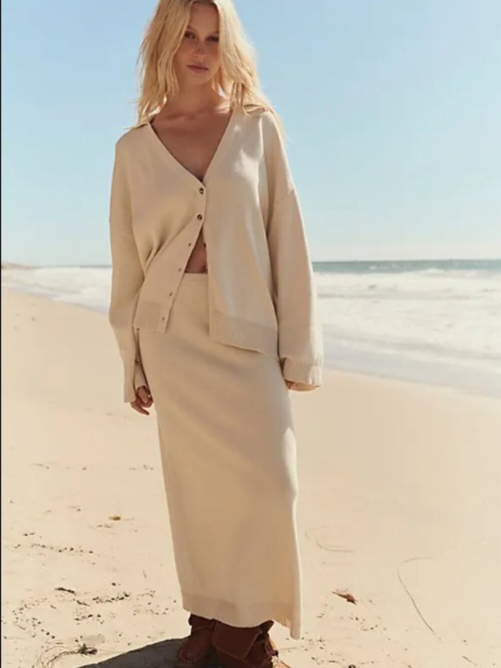 Free People Free-est Gwenna Oversized Cardigan Sweater & Skirt Set Cream Size S